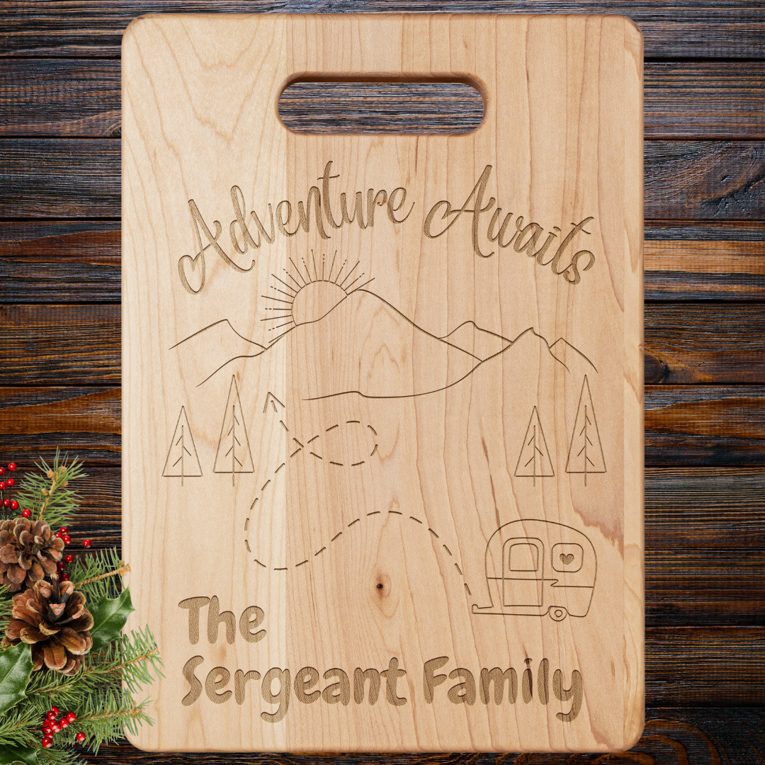 Adventure Awaits Camping Gear, Personalized Camp Cutting Board, RV Camper Accessories, Gift for Camper, Family Camping Gifts