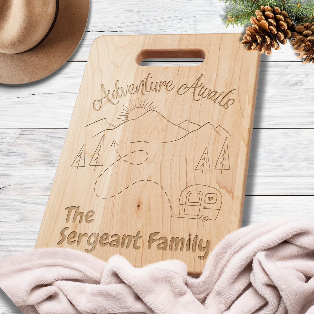 Adventure Awaits Camping Gear, Personalized Camp Cutting Board, RV Camper Accessories, Gift for Camper, Family Camping Gifts