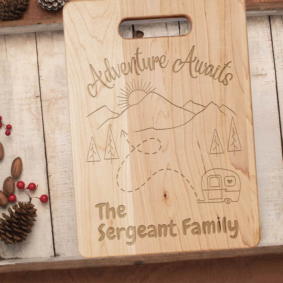 Adventure Awaits Camping Gear, Personalized Camp Cutting Board, RV Camper Accessories, Gift for Camper, Family Camping Gifts