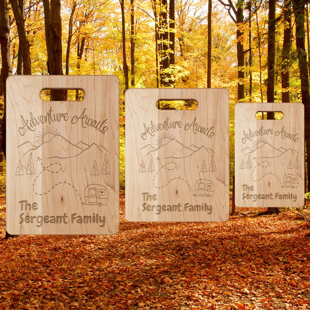 Adventure Awaits Camping Gear, Personalized Camp Cutting Board, RV Camper Accessories, Gift for Camper, Family Camping Gifts