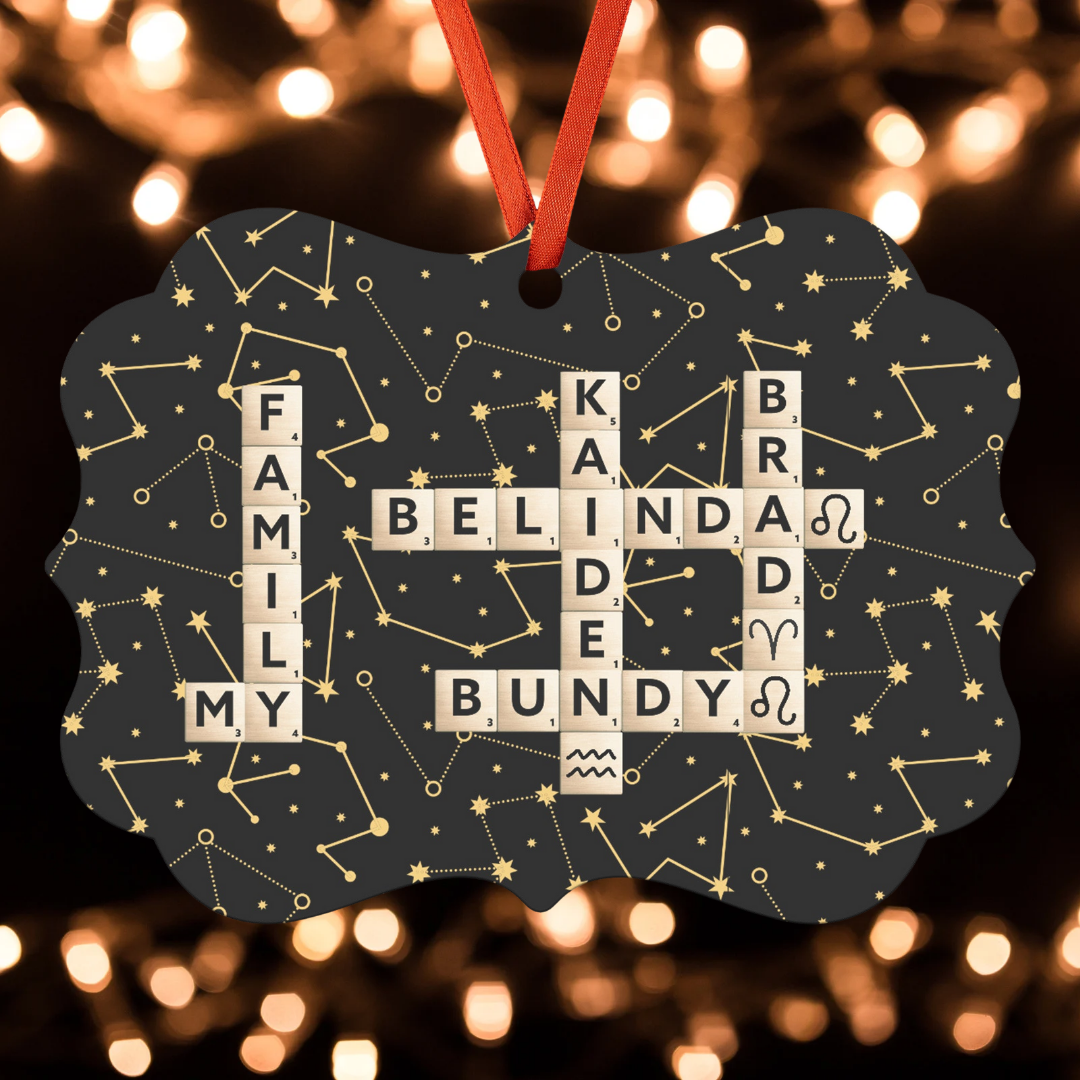 Personalized Hanging Ornament with Scrabble Family Names and Zodiac Star Sign Symbol, Gift for Astrology Lover, Gift for Mother's Day, Gift for Family Board Game Lovers