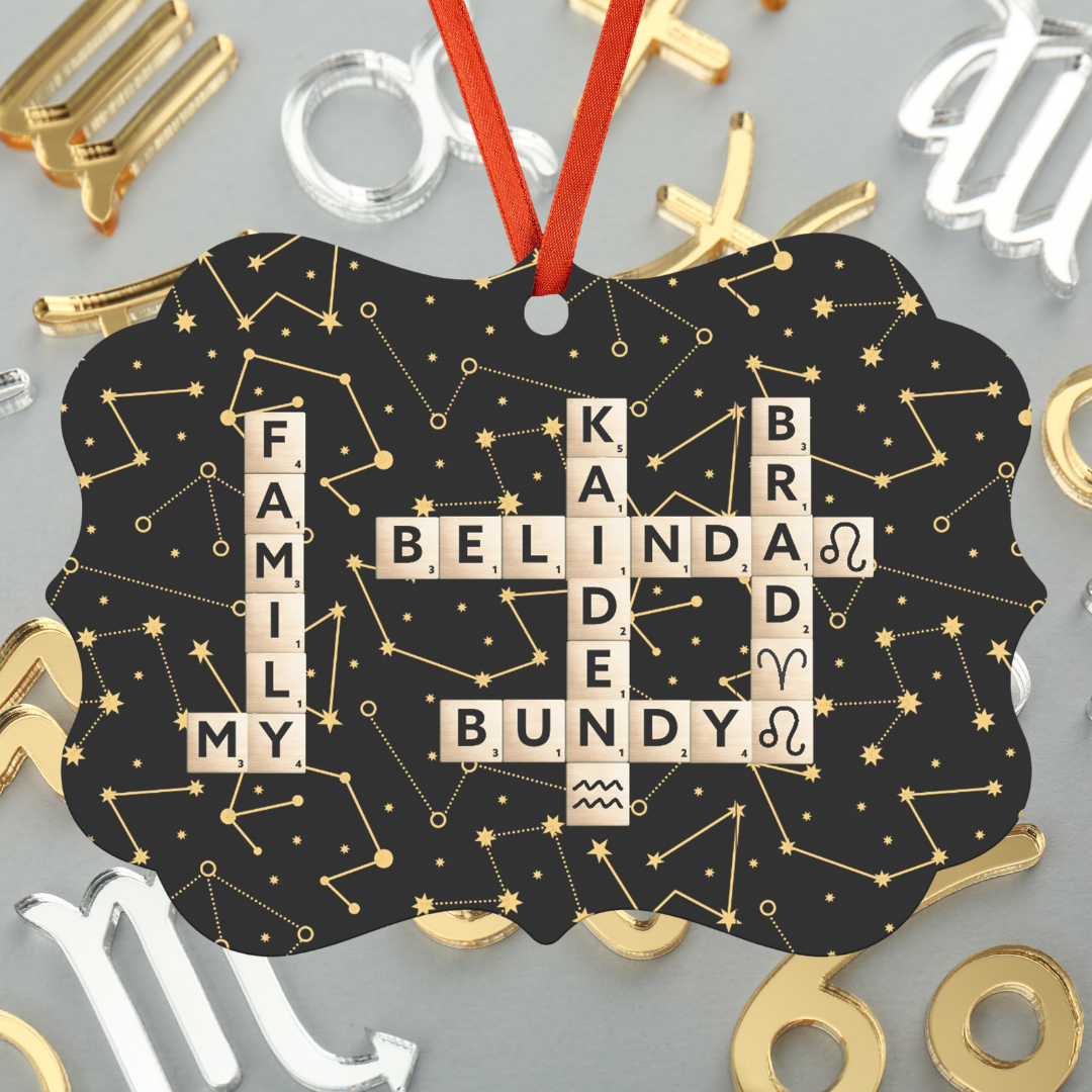 Personalized Hanging Ornament with Scrabble Family Names and Zodiac Star Sign Symbol, Gift for Astrology Lover, Gift for Mother's Day, Gift for Family Board Game Lovers