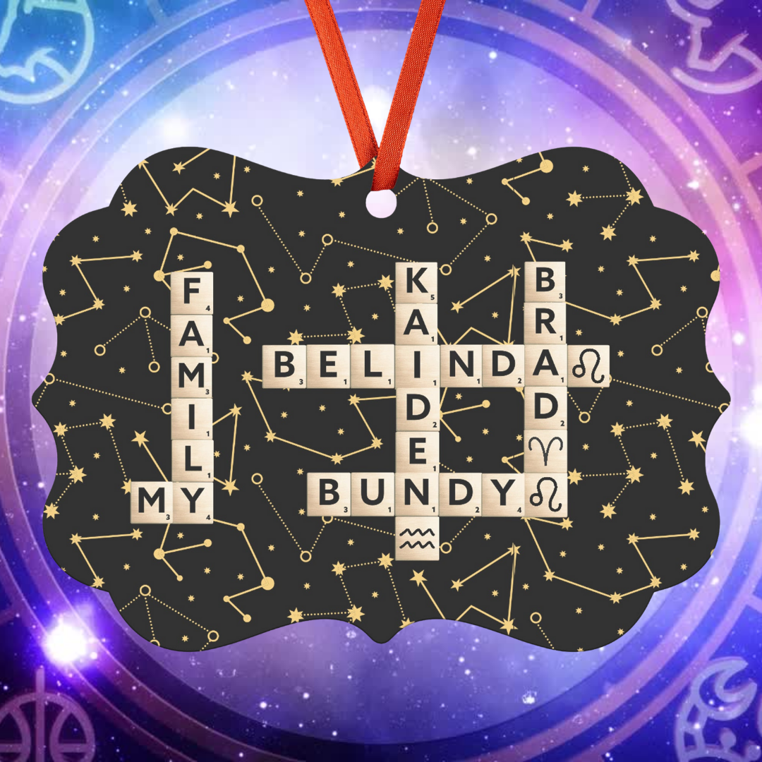 Personalized Hanging Ornament with Scrabble Family Names and Zodiac Star Sign Symbol, Gift for Astrology Lover, Gift for Mother's Day, Gift for Family Board Game Lovers