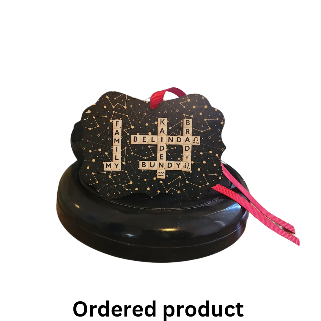 Personalized Hanging Ornament with Scrabble Family Names and Zodiac Star Sign Symbol, Gift for Astrology Lover, Gift for Mother's Day, Gift for Family Board Game Lovers