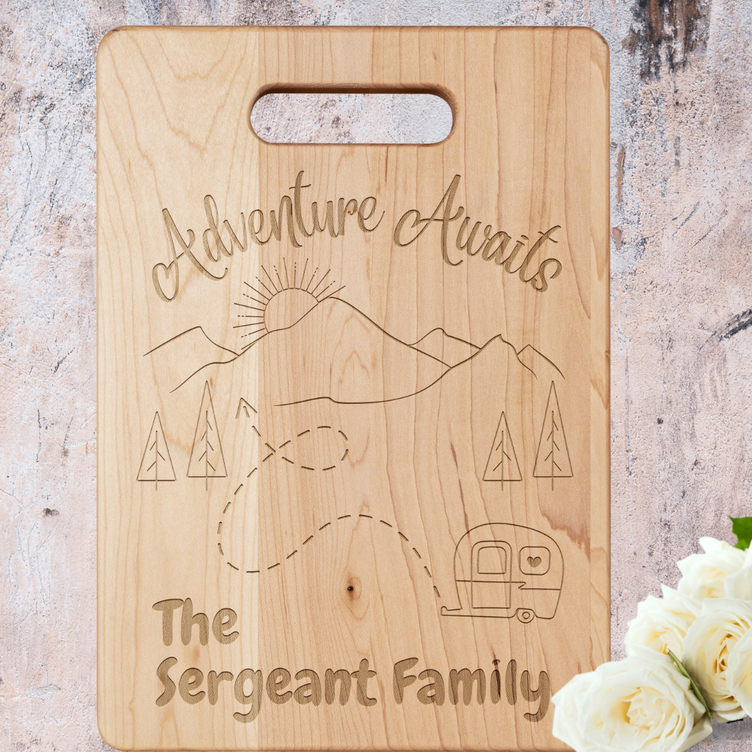 Adventure Awaits Camping Gear, Personalized Camp Cutting Board, RV Camper Accessories, Gift for Camper, Family Camping Gifts