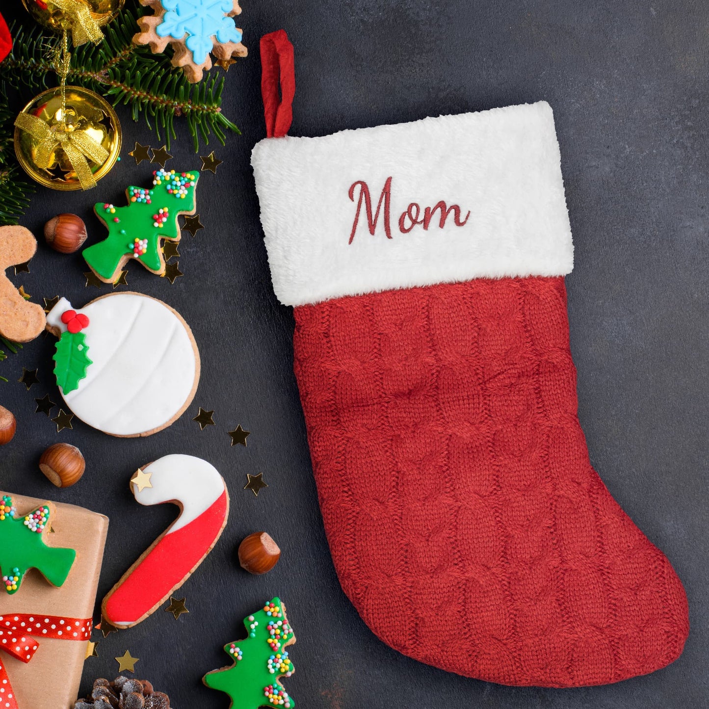 Personalized Christmas Stocking, Embroided Cable Knit Christmas Stocking with Fur Cuff, Custom Christmas Decor, Family Christmas Stockings, Pet Christmas Stocking with Hanging Loop