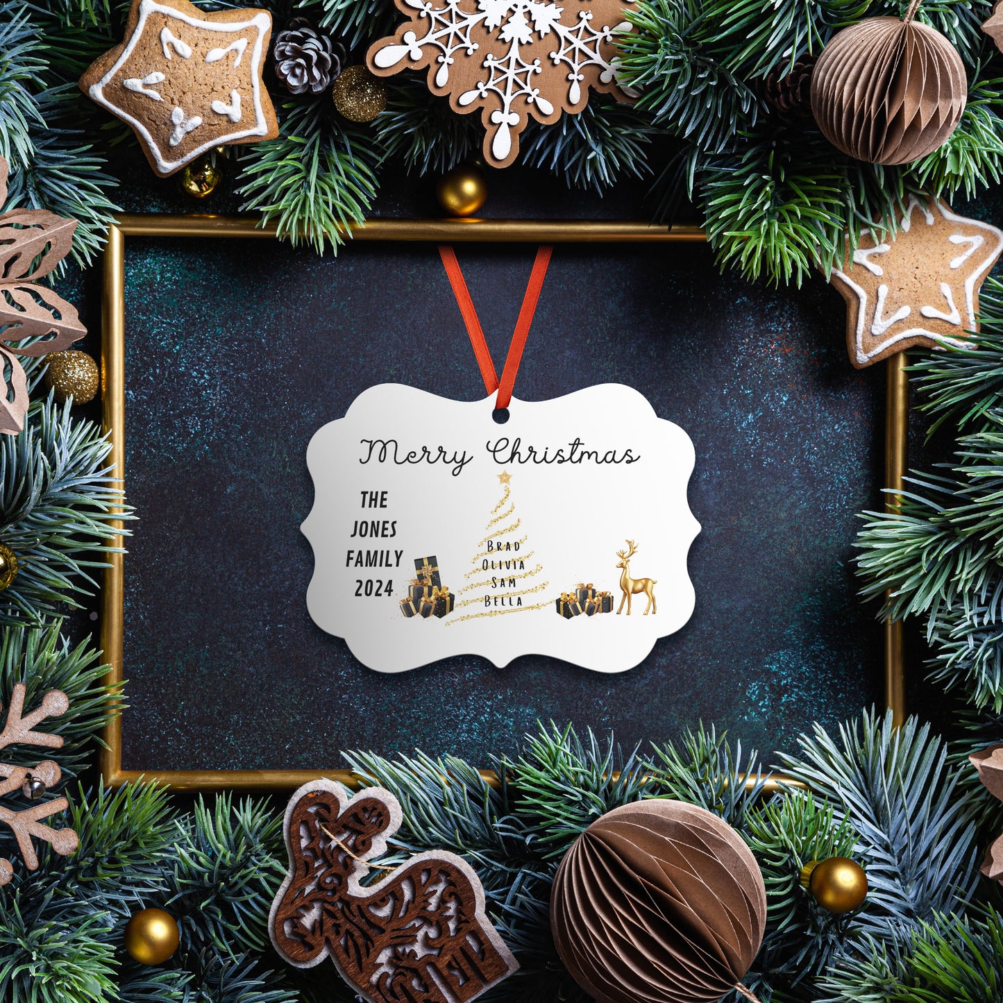 Personalized Family Christmas Ornament, Elegant Gold Christmas Decor, Custom Christmas Decorations, Christmas Gift for Family