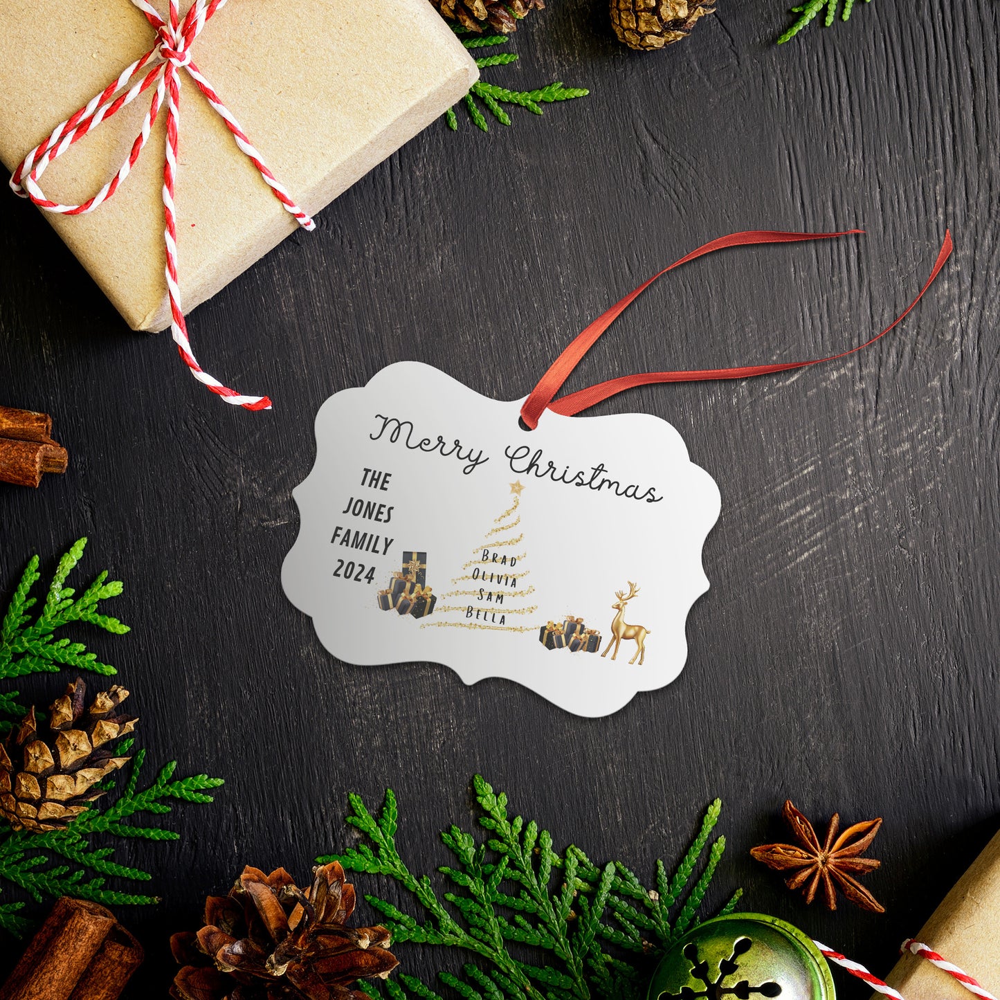 Personalized Family Christmas Ornament, Elegant Gold Christmas Decor, Custom Christmas Decorations, Christmas Gift for Family