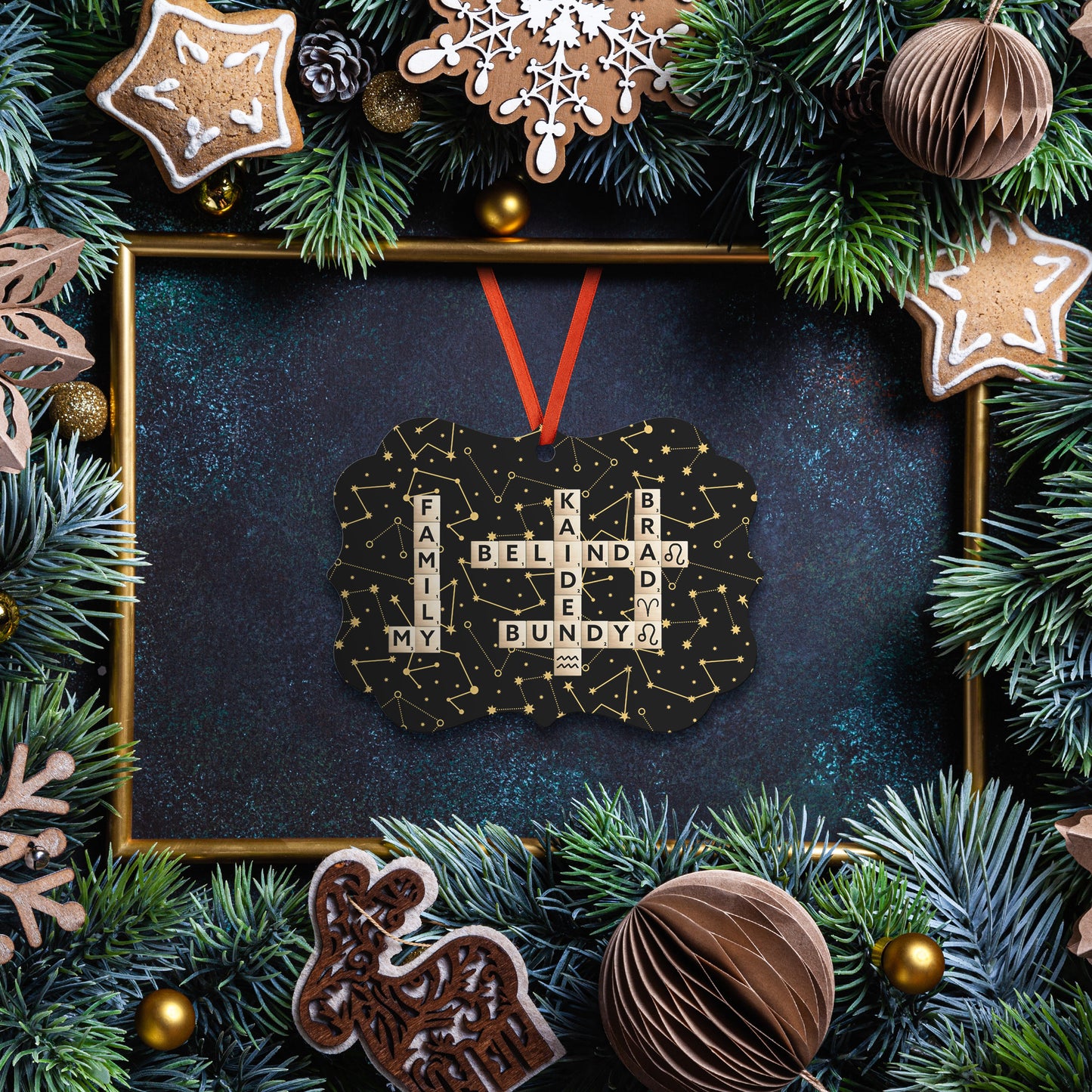 Personalized Hanging Ornament with Scrabble Family Names and Zodiac Star Sign Symbol, Gift for Astrology Lover, Gift for Mother's Day, Gift for Family Board Game Lovers