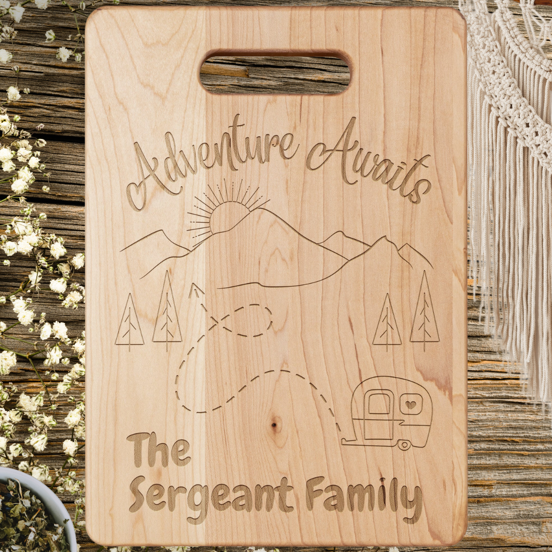 Adventure Awaits Camping Gear, Personalized Camp Cutting Board, RV Camper Accessories, Gift for Camper, Family Camping Gifts