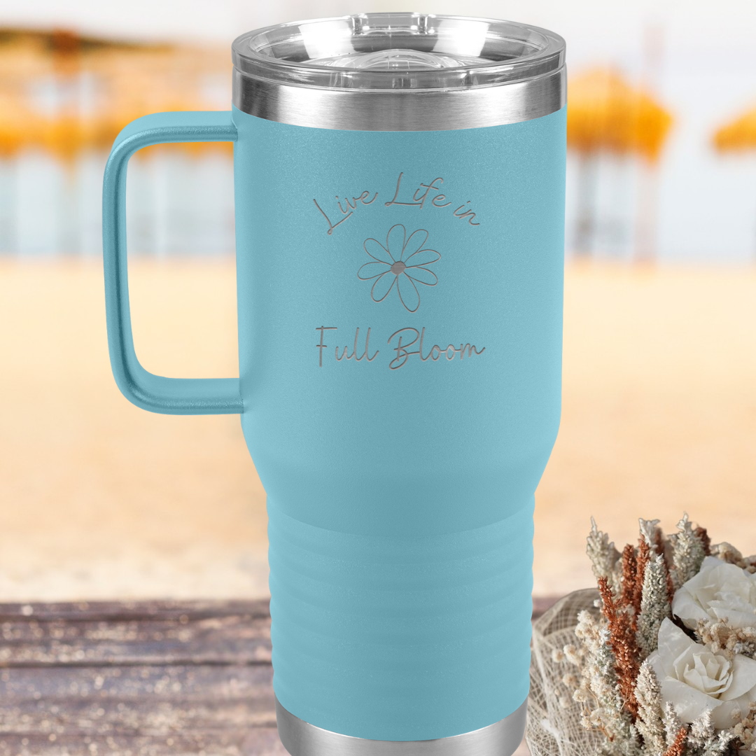 Daisy Flower Tumbler, Live Life in Full Bloom Drinkware,  Stainless Steel Tumbler with Handle, Wildflower Collection, Camping Accessories, Gift for Beach Lover