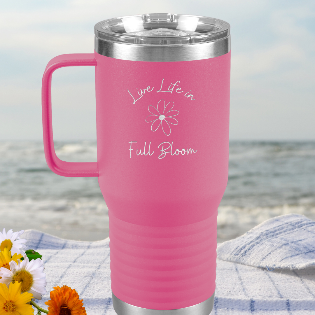 Daisy Flower Tumbler, Live Life in Full Bloom Drinkware,  Stainless Steel Tumbler with Handle, Wildflower Collection, Camping Accessories, Gift for Beach Lover