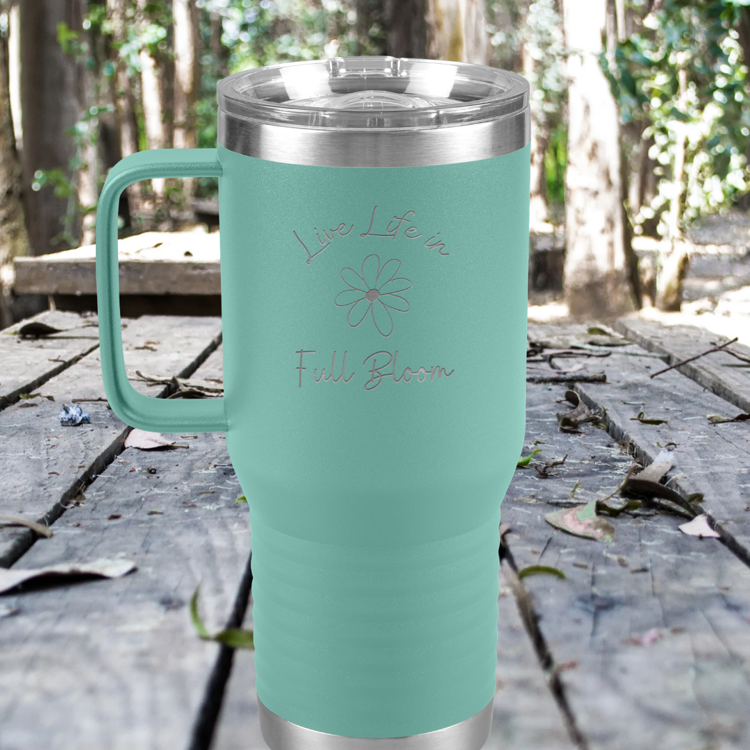 Daisy Flower Tumbler, Live Life in Full Bloom Drinkware,  Stainless Steel Tumbler with Handle, Wildflower Collection, Camping Accessories, Gift for Beach Lover
