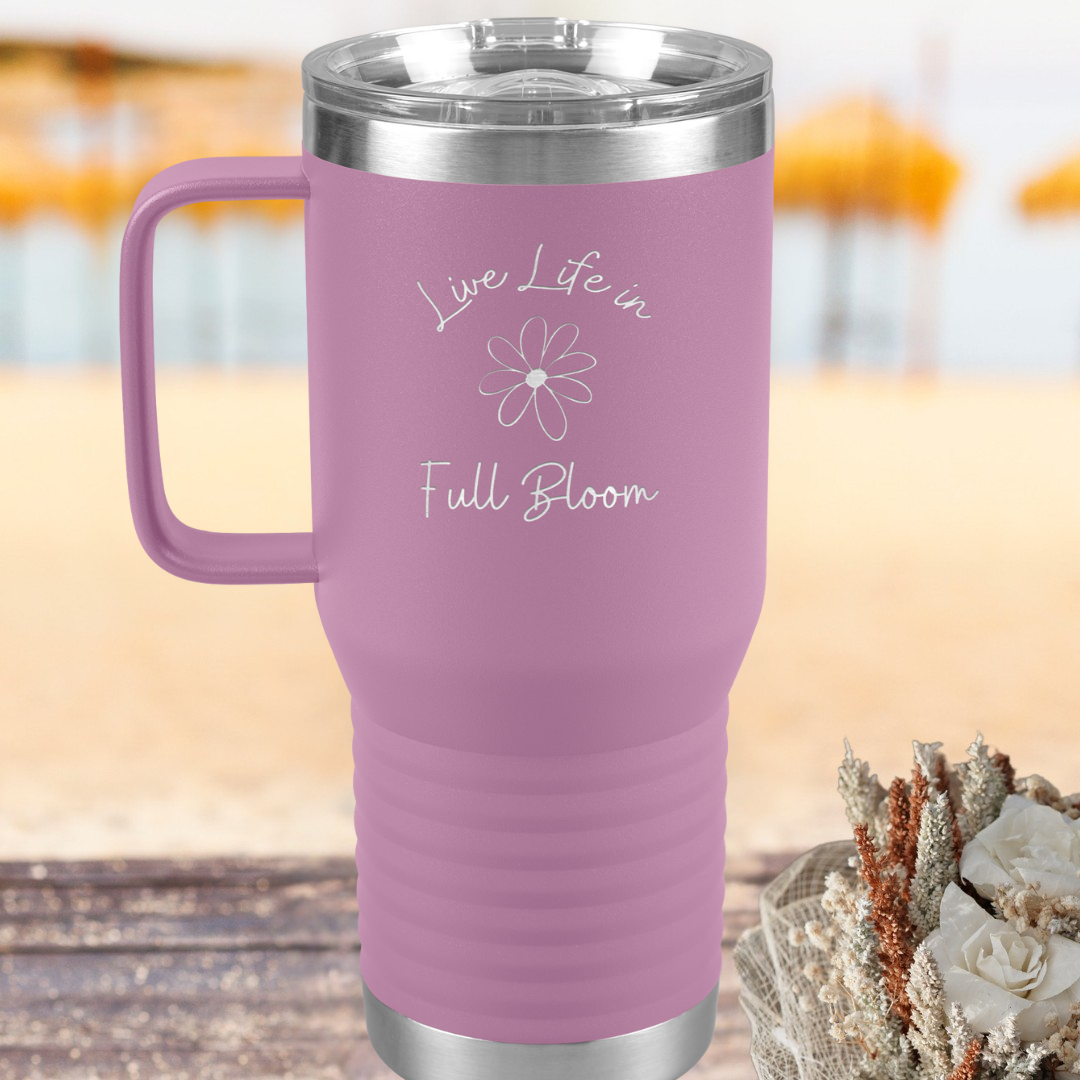 Daisy Flower Tumbler, Live Life in Full Bloom Drinkware,  Stainless Steel Tumbler with Handle, Wildflower Collection, Camping Accessories, Gift for Beach Lover