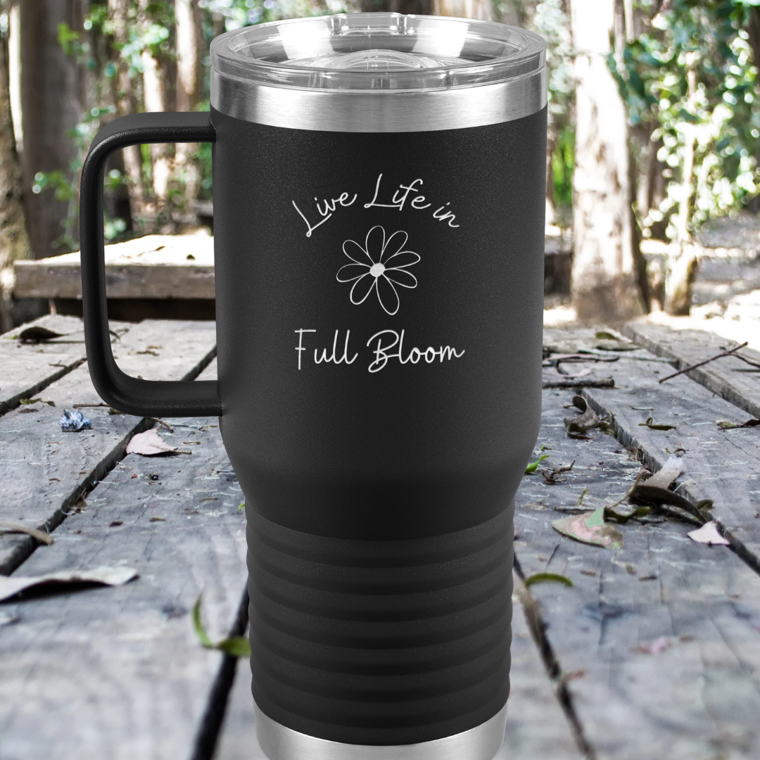 Daisy Flower Tumbler, Live Life in Full Bloom Drinkware,  Stainless Steel Tumbler with Handle, Wildflower Collection, Camping Accessories, Gift for Beach Lover