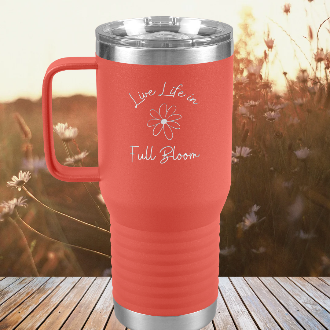 Daisy Flower Tumbler, Live Life in Full Bloom Drinkware,  Stainless Steel Tumbler with Handle, Wildflower Collection, Camping Accessories, Gift for Beach Lover