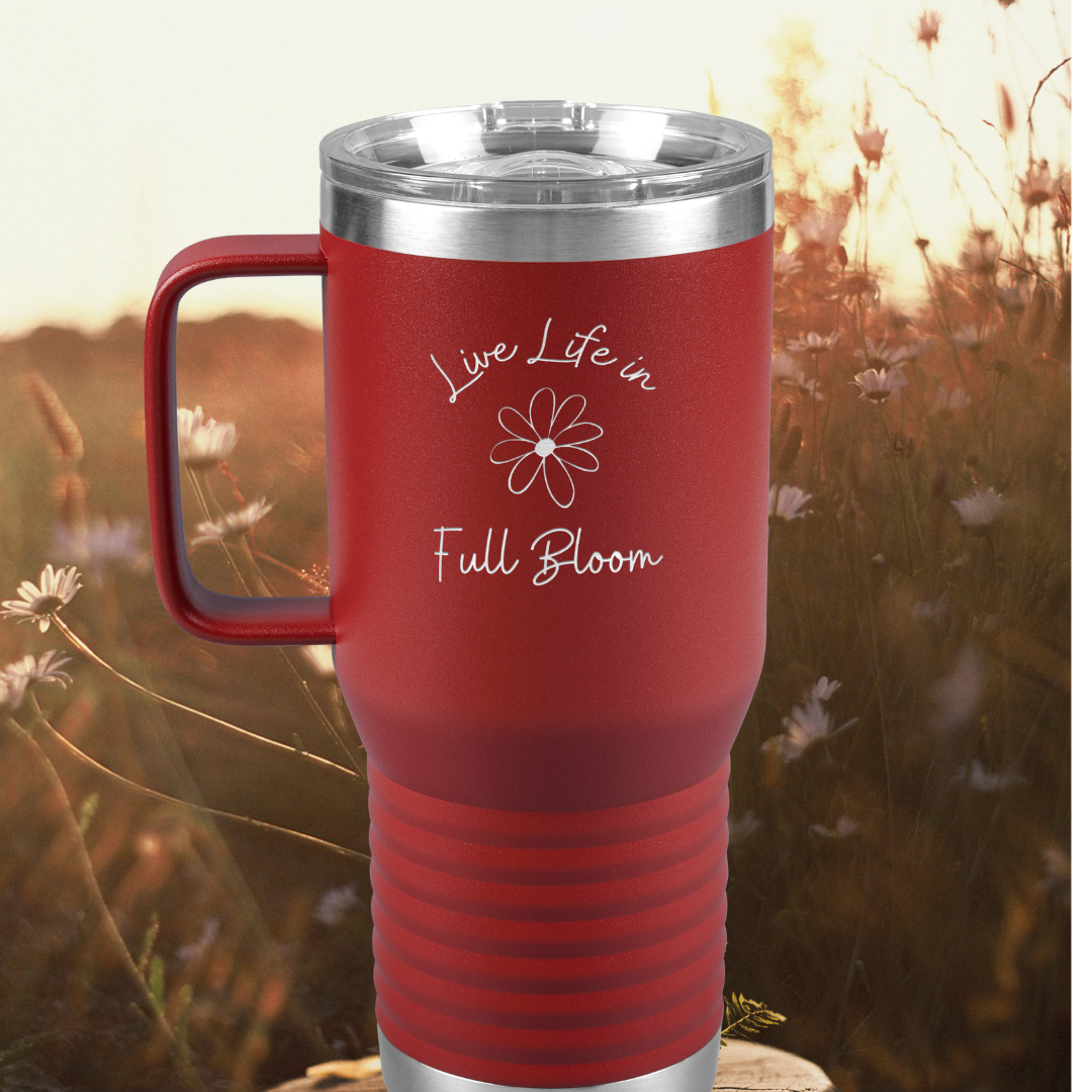 Daisy Flower Tumbler, Live Life in Full Bloom Drinkware,  Stainless Steel Tumbler with Handle, Wildflower Collection, Camping Accessories, Gift for Beach Lover