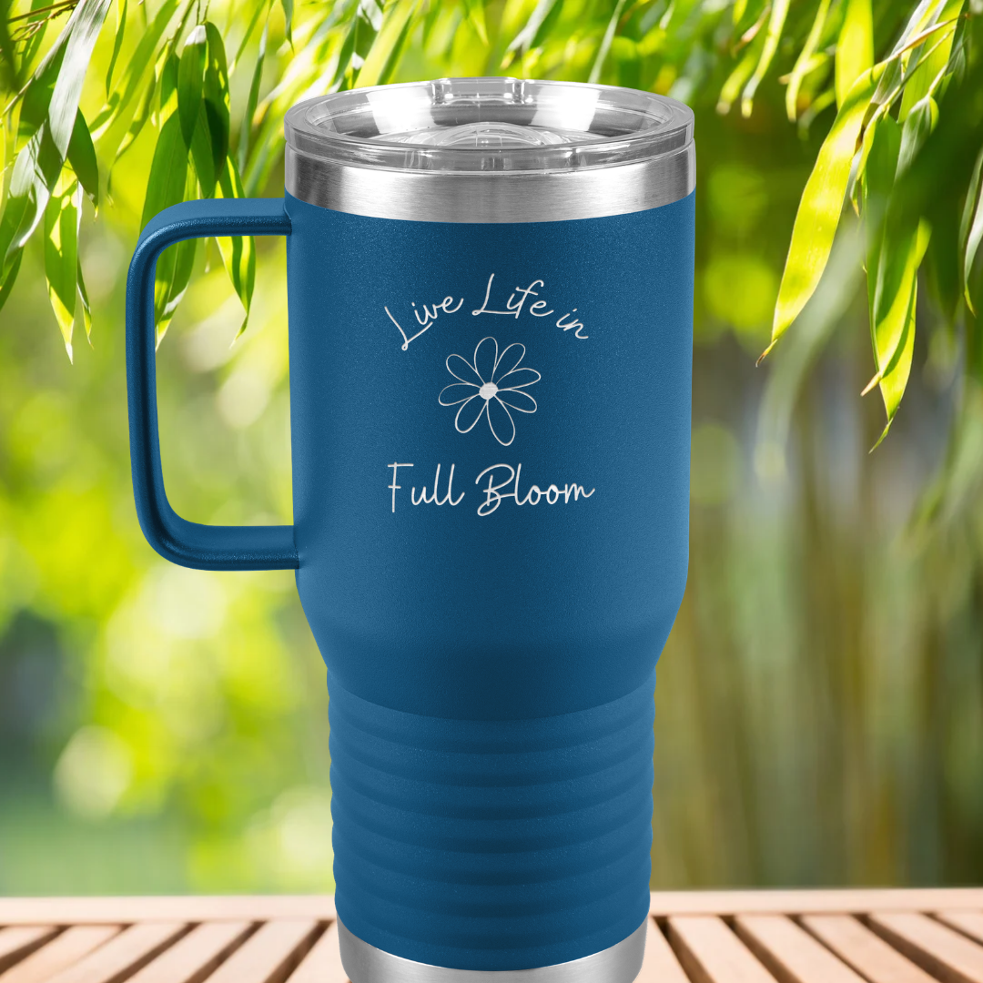 Daisy Flower Tumbler, Live Life in Full Bloom Drinkware,  Stainless Steel Tumbler with Handle, Wildflower Collection, Camping Accessories, Gift for Beach Lover