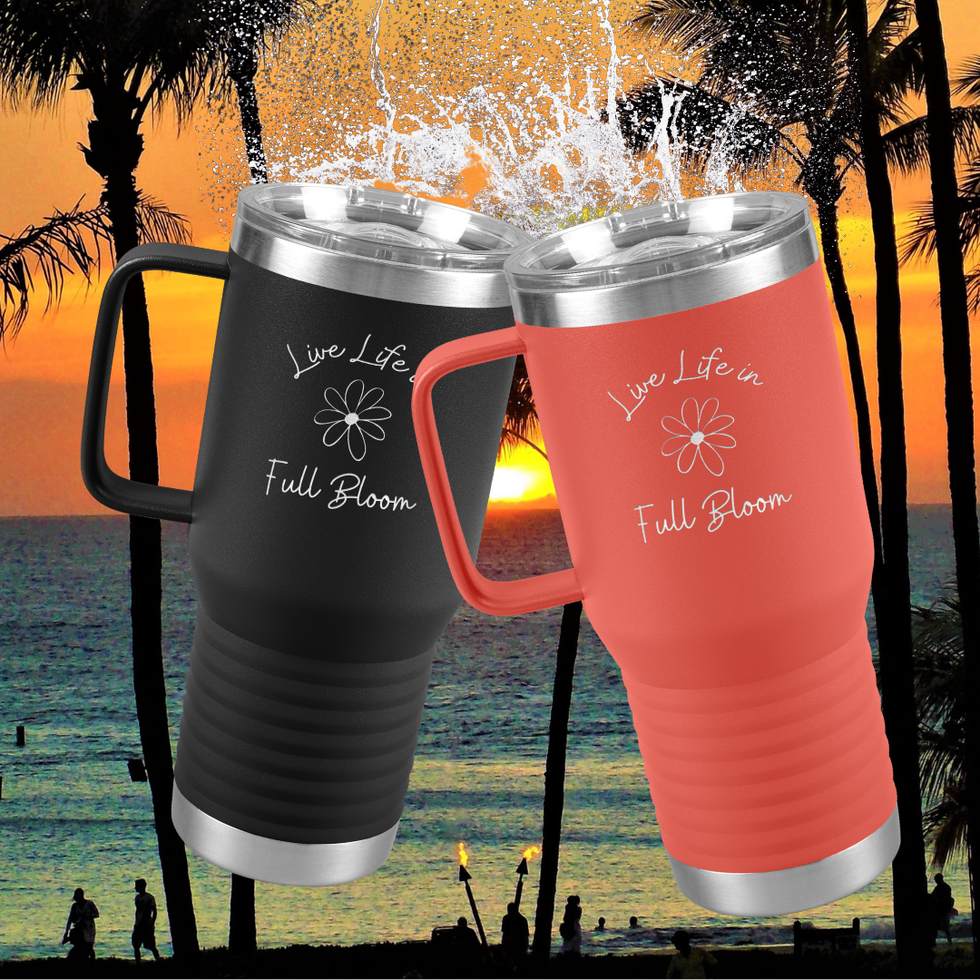 Daisy Flower Tumbler, Live Life in Full Bloom Drinkware,  Stainless Steel Tumbler with Handle, Wildflower Collection, Camping Accessories, Gift for Beach Lover