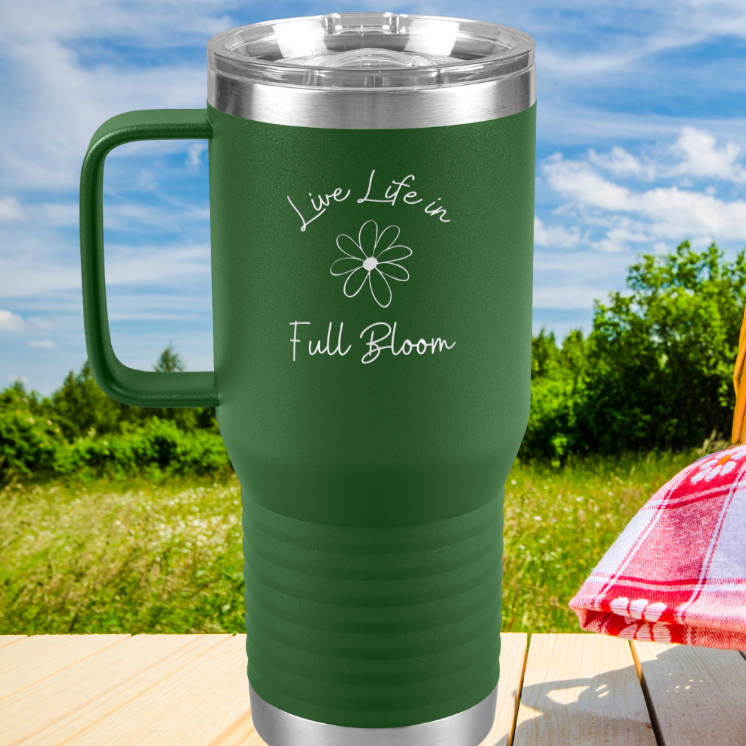 Daisy Flower Tumbler, Live Life in Full Bloom Drinkware,  Stainless Steel Tumbler with Handle, Wildflower Collection, Camping Accessories, Gift for Beach Lover