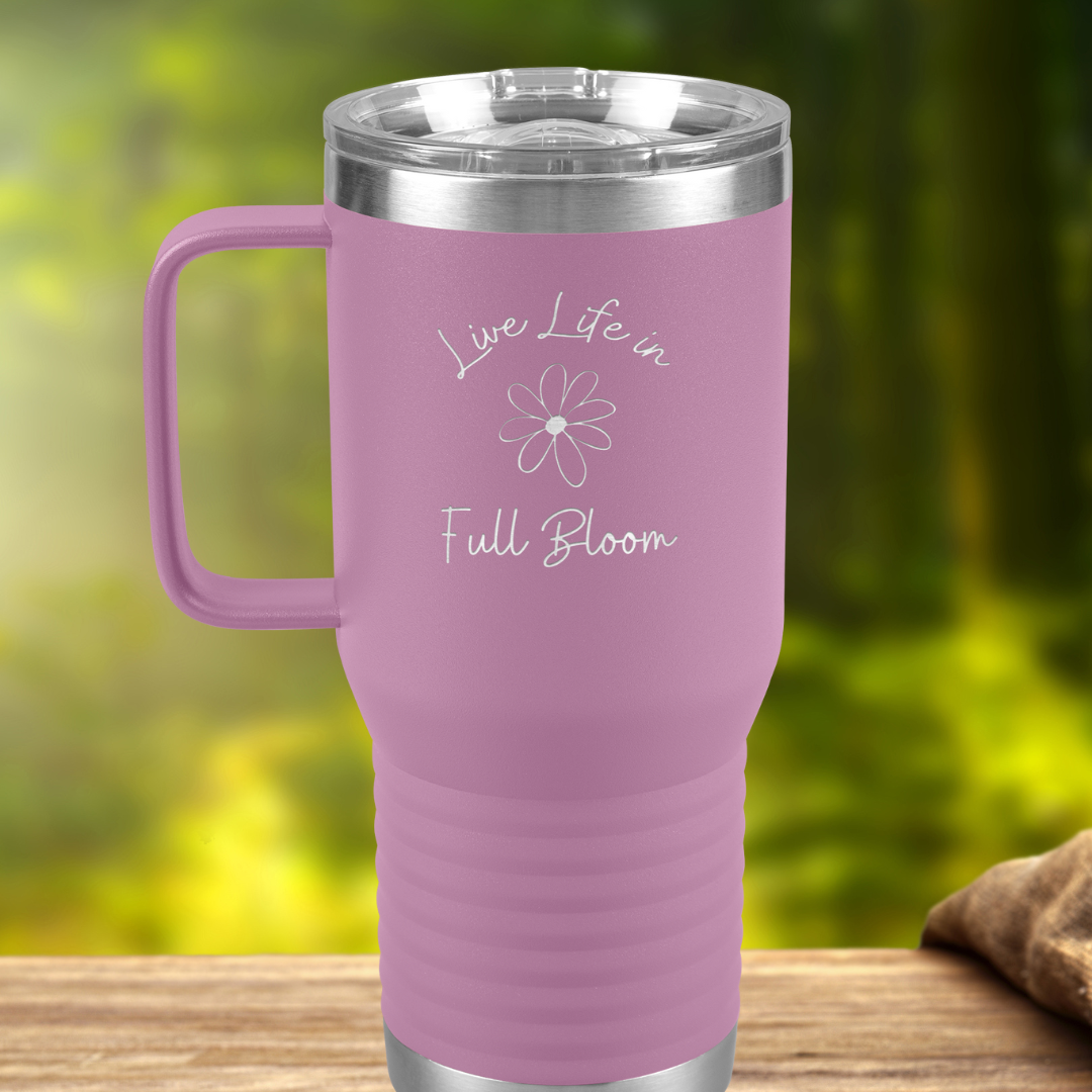 Daisy Flower Tumbler, Live Life in Full Bloom Drinkware,  Stainless Steel Tumbler with Handle, Wildflower Collection, Camping Accessories, Gift for Beach Lover